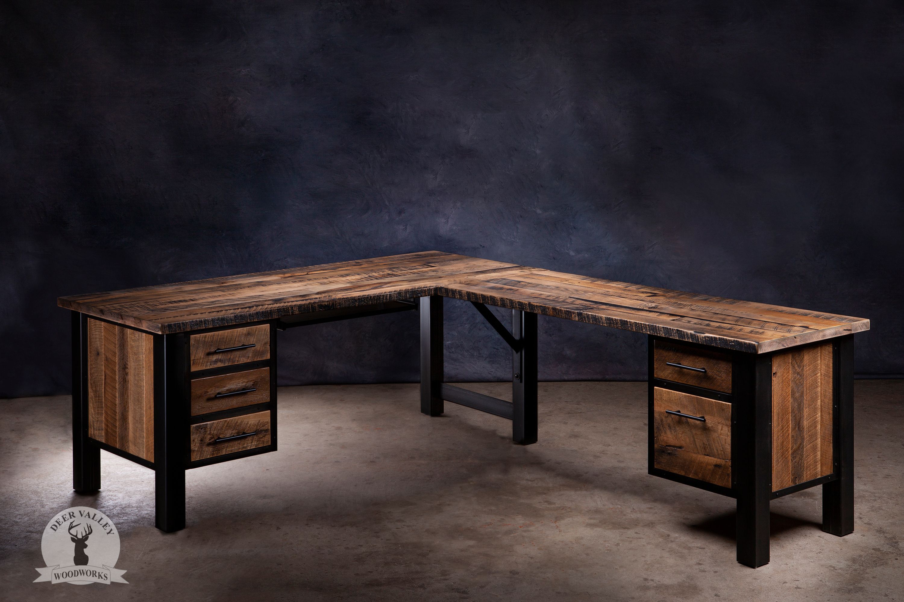 The Miller Barnwood Corner Desk, Natural finish with drawers | Deer  Valley Woodworks