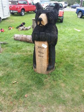 Custom Made Standing Chainsaw Carved Black Bear Sculpture With Customizable Sign