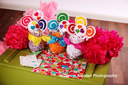 Custom Made Felt Lollipops With Multi-Colored Hearts And Swirls "Marshmallow Cream Lollipops''