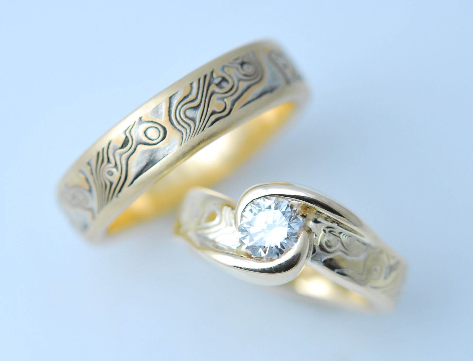 Hand Made Custom  Mokume Gane Two Ring  Wedding  Set by 