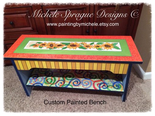 Custom Made Custom Wood Bench Hand Painted Whimsical Harlequin Swirls Sunflowers
