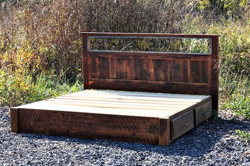 Custom Made Rustic Platform Storage Bed In Solid Reclaimed Oak And Wrought Iron 4 Drawers