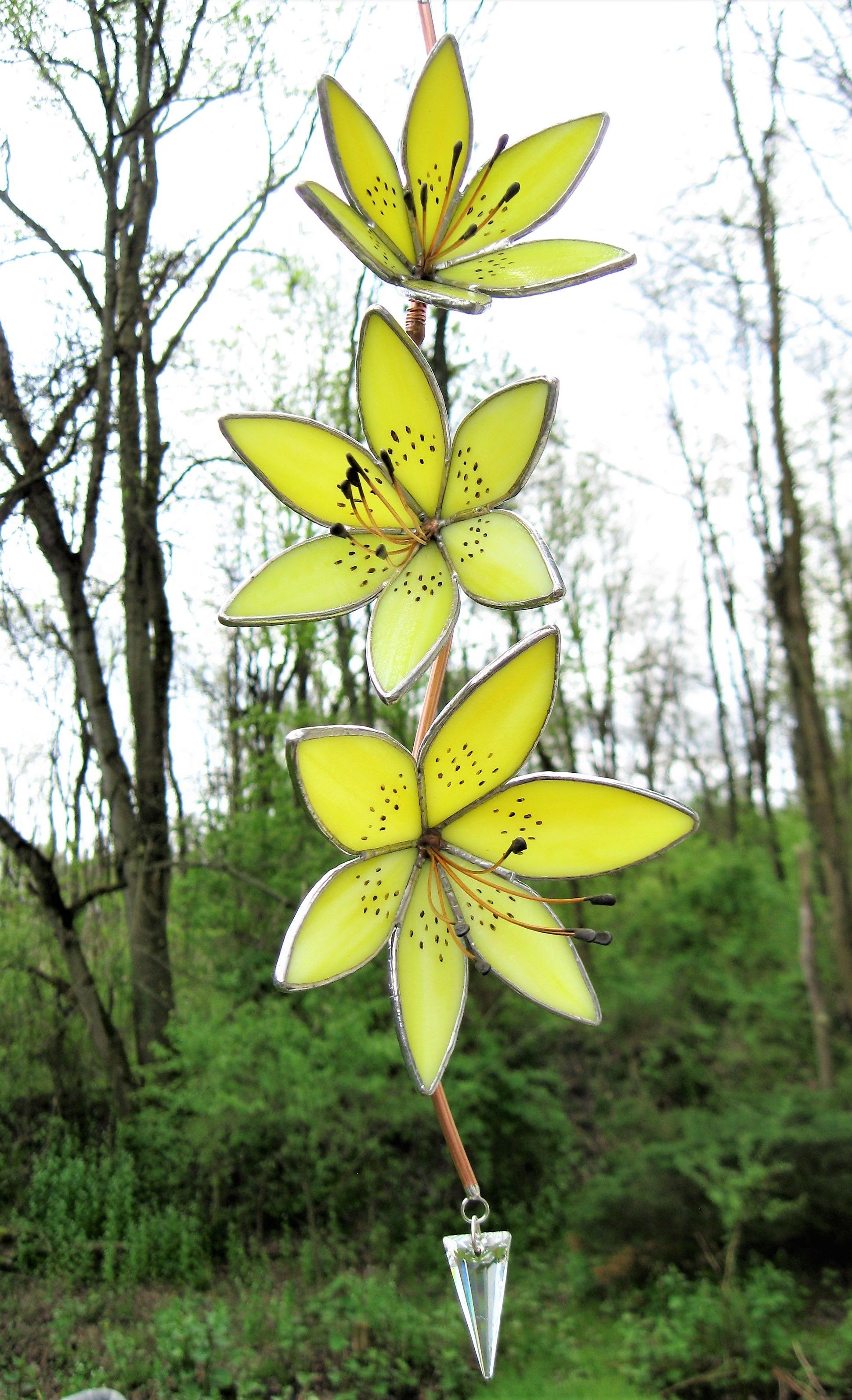 Hand Made Yellow Tiger Lily 3d Stained Glass Sun Catcher With Swarovski Crystal By Glass Kissin
