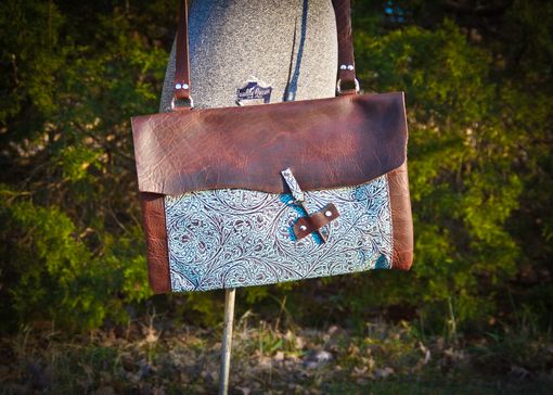 Custom Made Bison And Turquoise Leather Messenger/Computer Bag With Vintage Key Closure