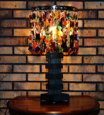 Custom Made Stained Glass Lamp With Metal And Wood Accents - Eclectic Table Lamp