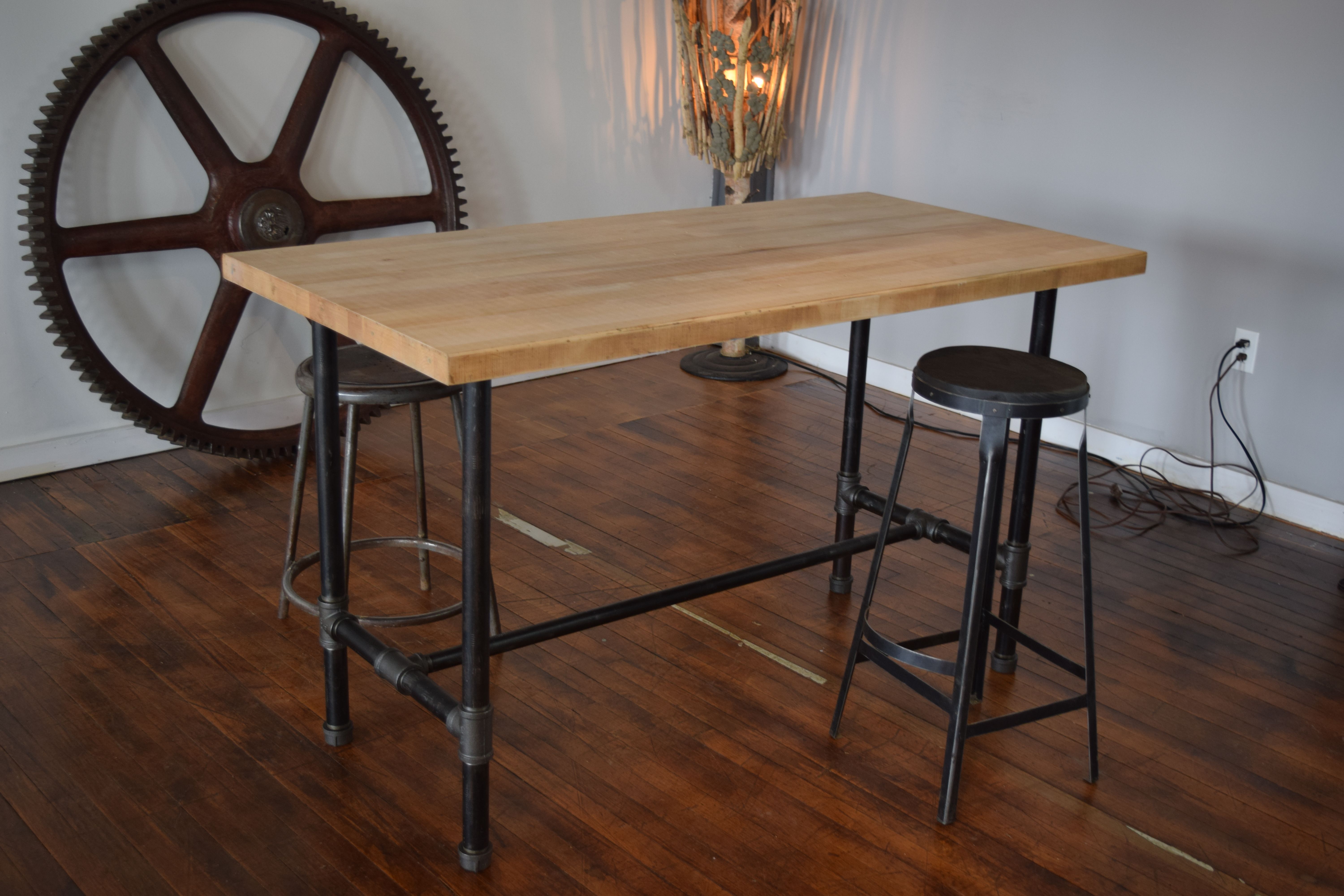 Hand Crafted Reclaimed Maple Butcher Block Kitchen Island With Pipe 