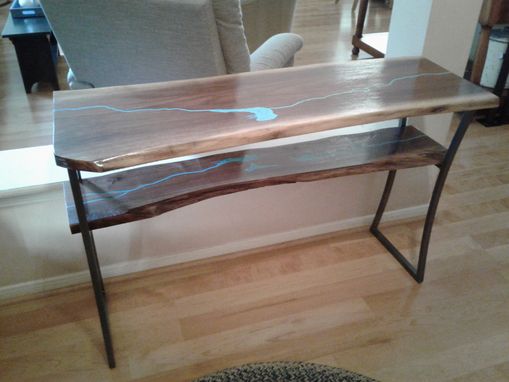 Custom Made Live Edge Walnut Entry Table With Turquoise Inlay (With Shelf)