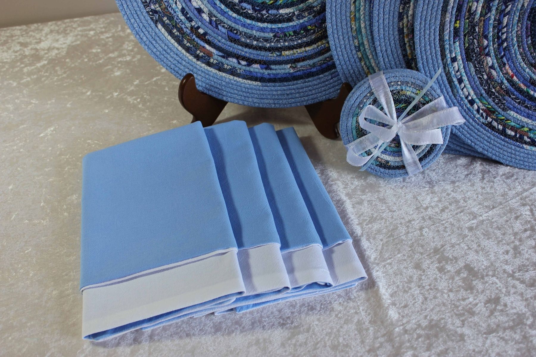 Hand Crafted Fabric Placemat Set Fabric Wrapped Clothesline Blues