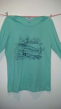 Custom Made Sale Birds Of A Feather, Woman's Large Mint And Blue One Of A Kind Brooklyn Shirt, Ready To Ship