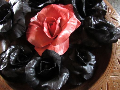 Custom Made Carved Wood Bowl With Huge Pink Porcelain Rose Surrounded By Black Roses