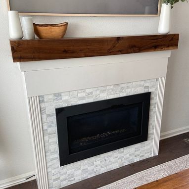 Custom Made Hidden Storage Mantel, Knotted Walnut Fireplace Mantel With Drop Front Media Storage
