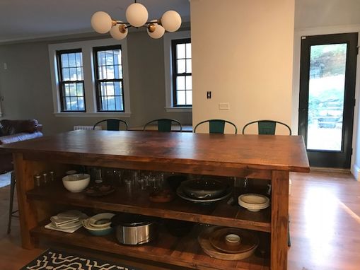 Custom Made Reclaimed Kitchen Island With Open Shelving And Wood Top
