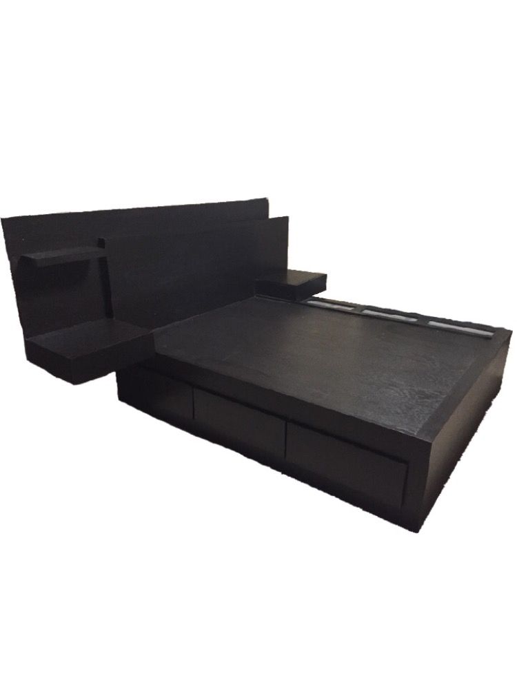 Hand Crafted Super Modern Platform Bed, Platform Bed Frame With Side Tables Attached