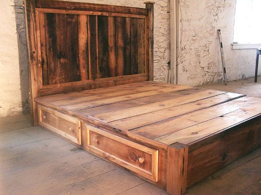 Custom Made Reclaimed Rustic Pine Platform Bed With Headboard And 4 Drawers