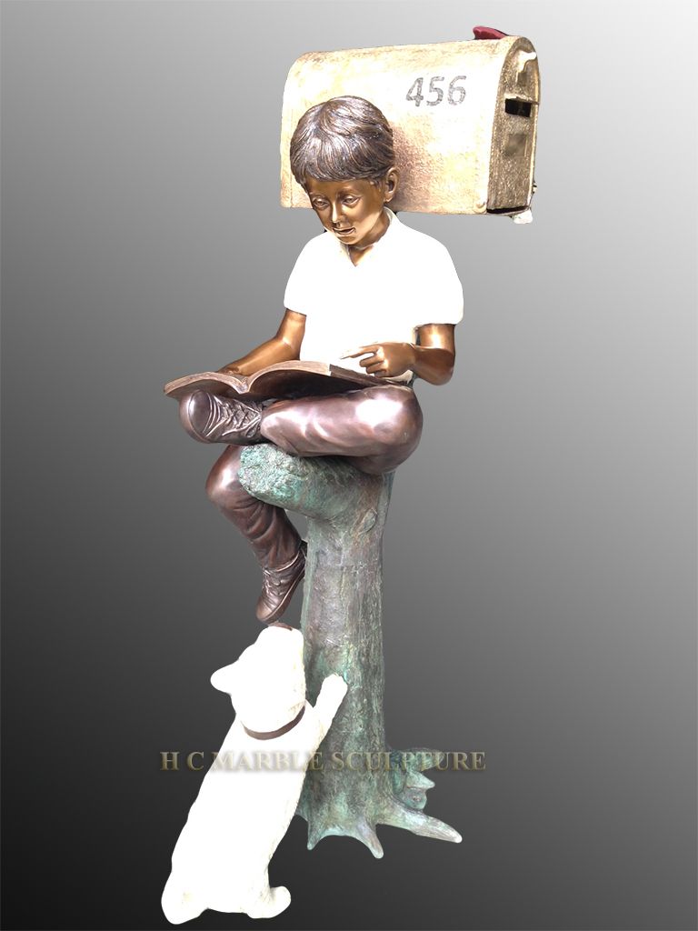Hand Crafted Boy W/ Dog Mailbox, Bronze Statue by HC Bronze and Marble
