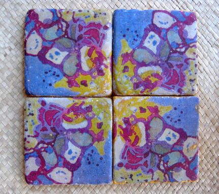 Custom Made Coasters Handmade Tile Set Of 4 With Original Artwork-Purple Magenta Ochre