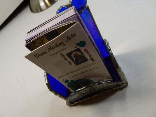 Custom Made Custom Stained Glass Business Card Holder In Iridescent Blue
