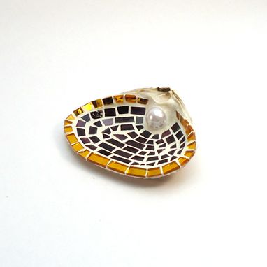 Custom Made Imperial Purple Gold Border Mosaic Sea Shell Ring Holder // Beach Wedding Gift