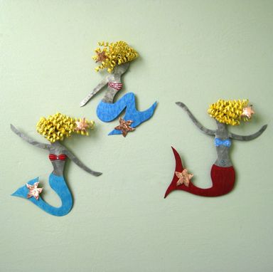 Custom Made Handmade Upcycled Metal Blonde Mermaid With Starfishes Wall Art Sculpture