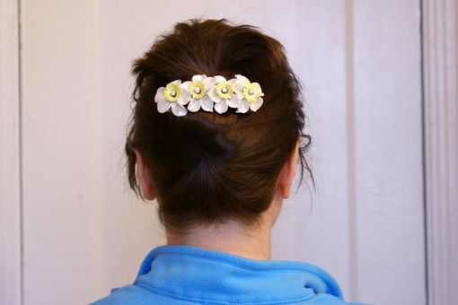 Custom Made Barrette French Style Pearl White Yellow Wedding Jonquil, Daffodile, Naricissus Flower