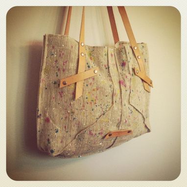 Custom Made Hand Painted European Organic Linen Tote // Vegetable Tanned Leather // Beeswax // Nickel Hardware