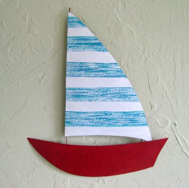 Custom Made Handmade Upcycled Metal Sailboat Wall Art Sculpture In Blue And Red
