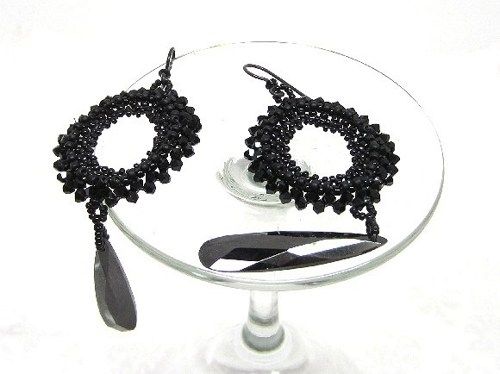 Custom Made Long Black Beadwork Earrings Prom Elegant Bling