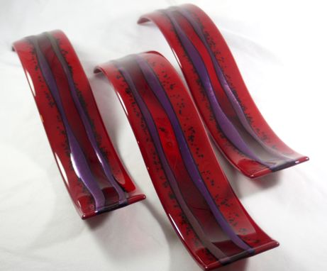 Custom Made Glass Art Sculpture With Red Waves In Set Of 3