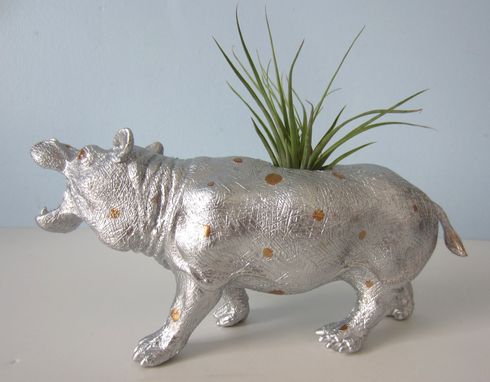 Custom Made Upcycled Toy Planter - Extra Large Silver And Gold Polka Dot Hippo With Air Plant