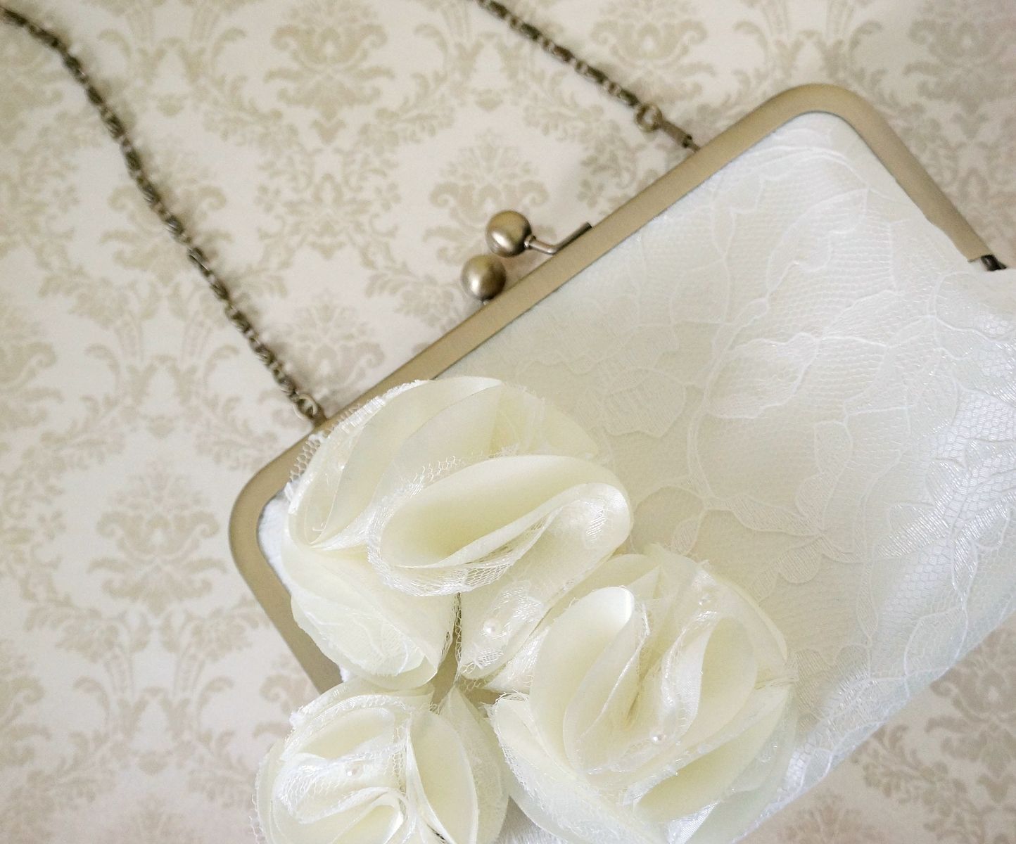 Handmade Bridal Clutch Purse In Ivory Lace With Pom Pom Flowers by