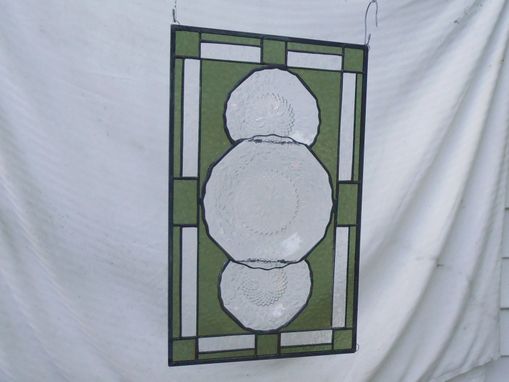 Custom Made Depression Glass Pineapple And Floral Stained Glass Window, Antique Plate Panel, Window Valance