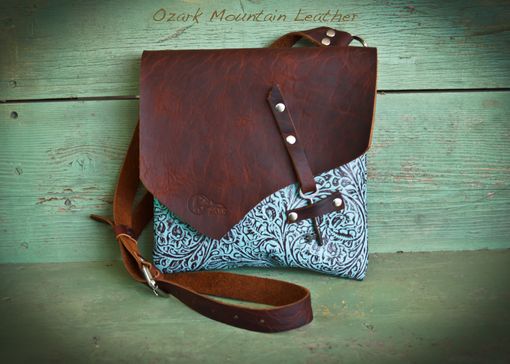 Custom Made Bison And Turquoise Leather Cross Body Bag With Skeleton Key Closure