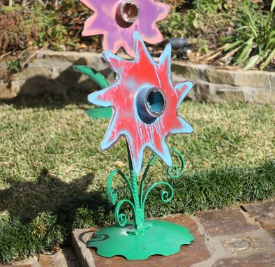Custom Made Whimsical Red Metal Flower Outdoor Sculptures Art Artwork Garden Decor