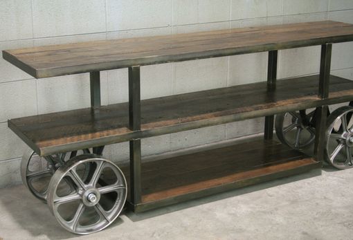 Custom Made Industrial Trolley Cart/ Media Console, Reclaimed Wood Tv Stand, Rustic Console Table. Sofa Table