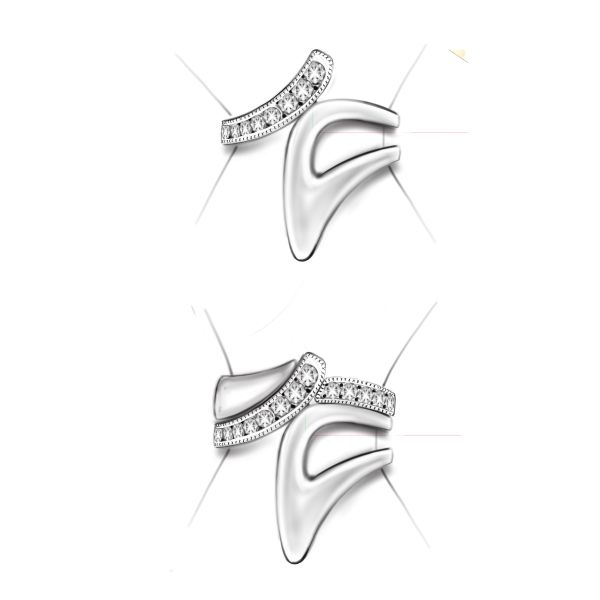 设计草图显示订婚戒指单独和新娘套装一起佩戴。