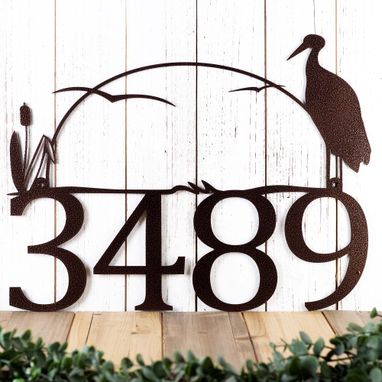 Custom Made House Number Metal Plaque With Heron Silhouette