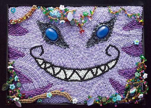 Custom Made Bead Embroidered Cheshire Cat Painting