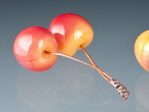 Custom Made Pair Of Realistic Glass Rainier Cherries With Conjoined Copper Wire Stems