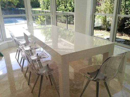 Custom Made Modern White Parsons Table And Bench Dining Set High Gloss