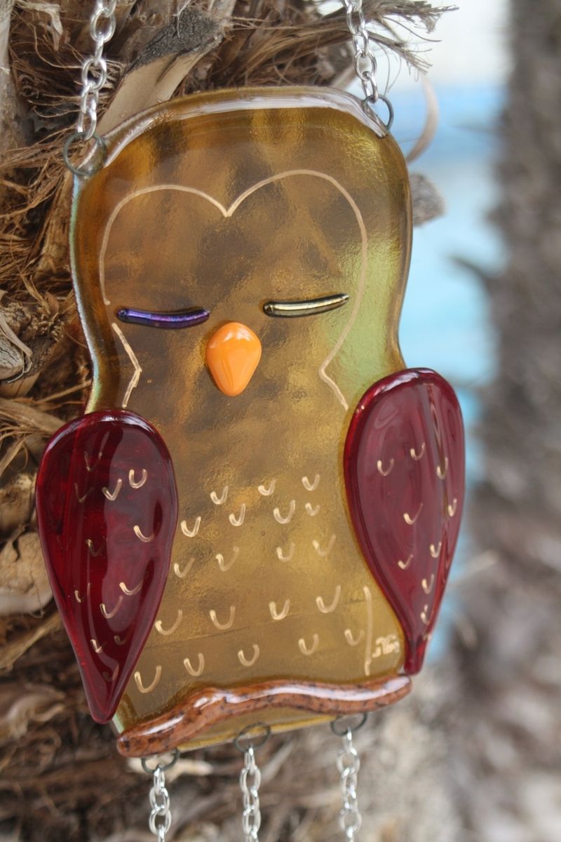 Custom Fused Glass Wind Chime With Amber Owl Design by J.M. Fusions LLC
