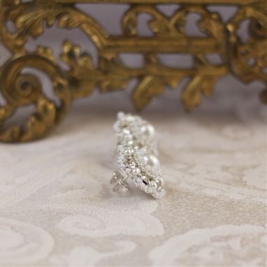 Custom Made Diamanta Earrings | Silver Lace Posts With Ivory Freshwater Pearls, Crystals