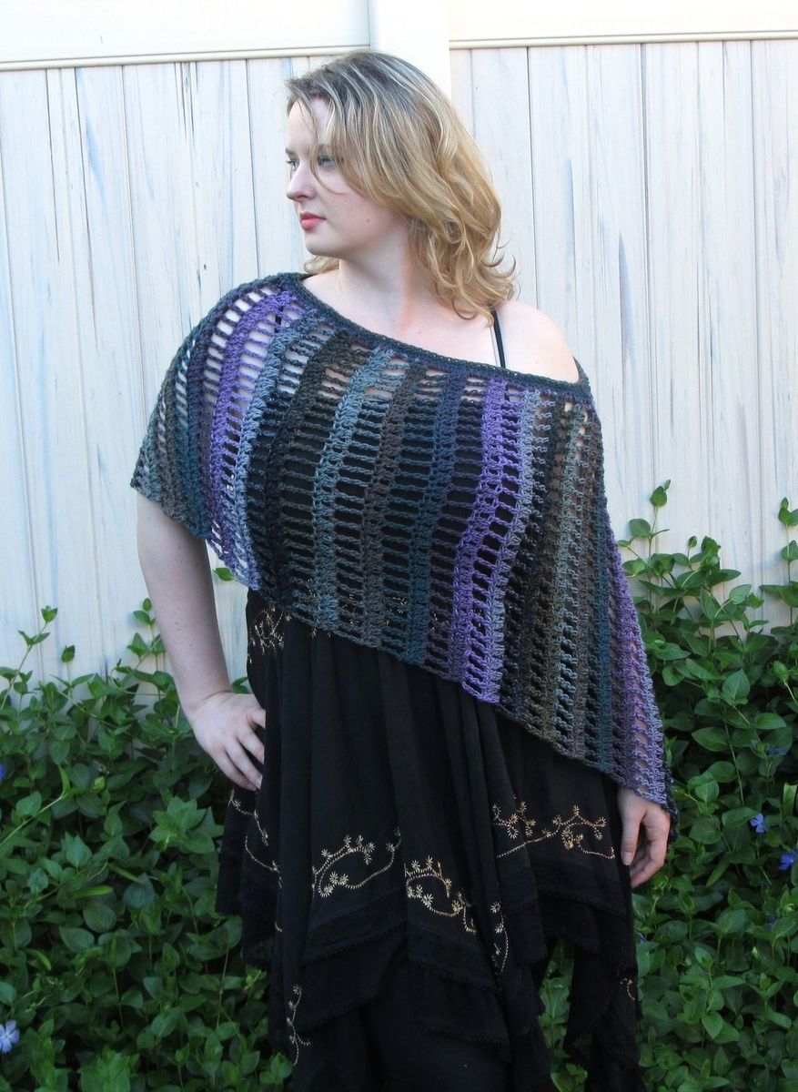 Hand Crafted Asymmetrical Poncho, Black Purple Teal Gray Olive, Crochet ...