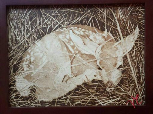 Custom Made Pyrography Fine Art Framed Piece. Deer In The Grass, Hiding.