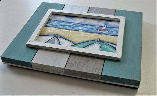 Custom Made Impressionist Acrylic Beach Umbrellas Painting, 10 3/4" X 9", Framed Seascape Art Canvas