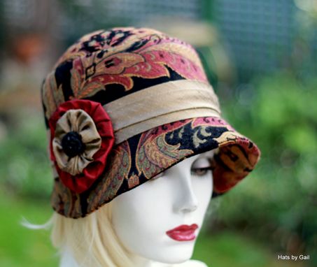 Custom Made Fall Winter Cloche Hat In Bohemian Red Paisley Print Fabric