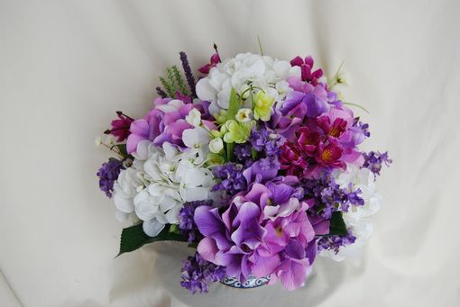 Custom Made Purple And White Hydrangea Silk Floral Arrangement In Blue Pottery Vase