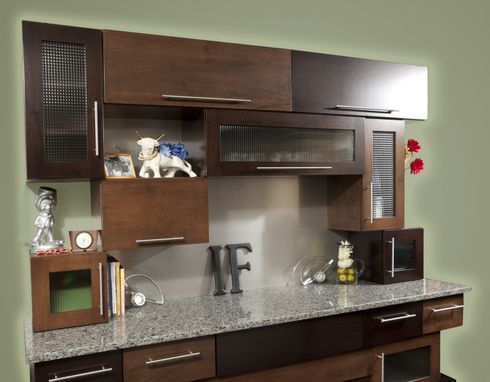 Custom Made Cubist Cabinets Kitchen Modern Clean In Tiger Maple & Glass - Expresso & Coffee Stains