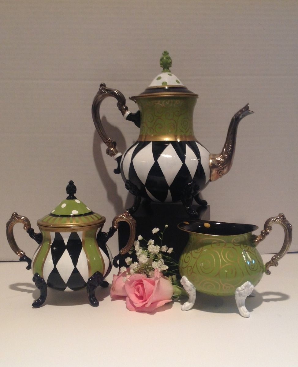 Handmade Hand Painted Silver Tea Set//Harlequin//Painted Teapot by Michele Sprague Design
