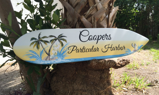 Custom Made Nautical Beach Wedding Decor, Palm Tree Beach Surfboard Sign, Guest Book
