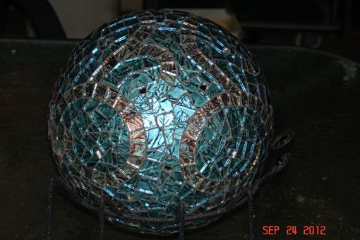 Custom Made Stained Glass Mosaic Gazing Ball In Van Gogh Blue With Copper And Mirrored Jewels